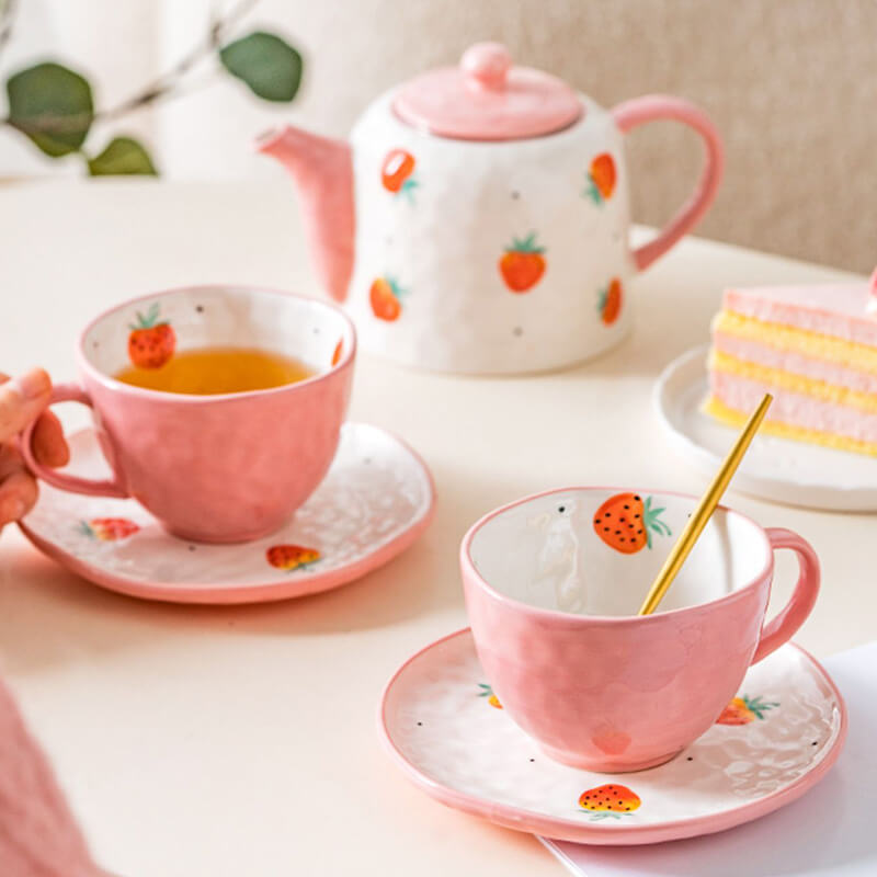 Lighteme Teekannen-Set aus Keramik, handbemalt, Erdbeere