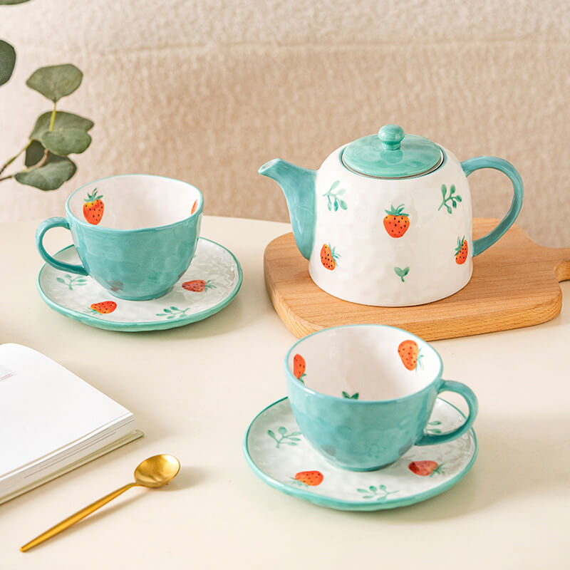 Lighteme Teekannen-Set aus Keramik, handbemalt, Erdbeere