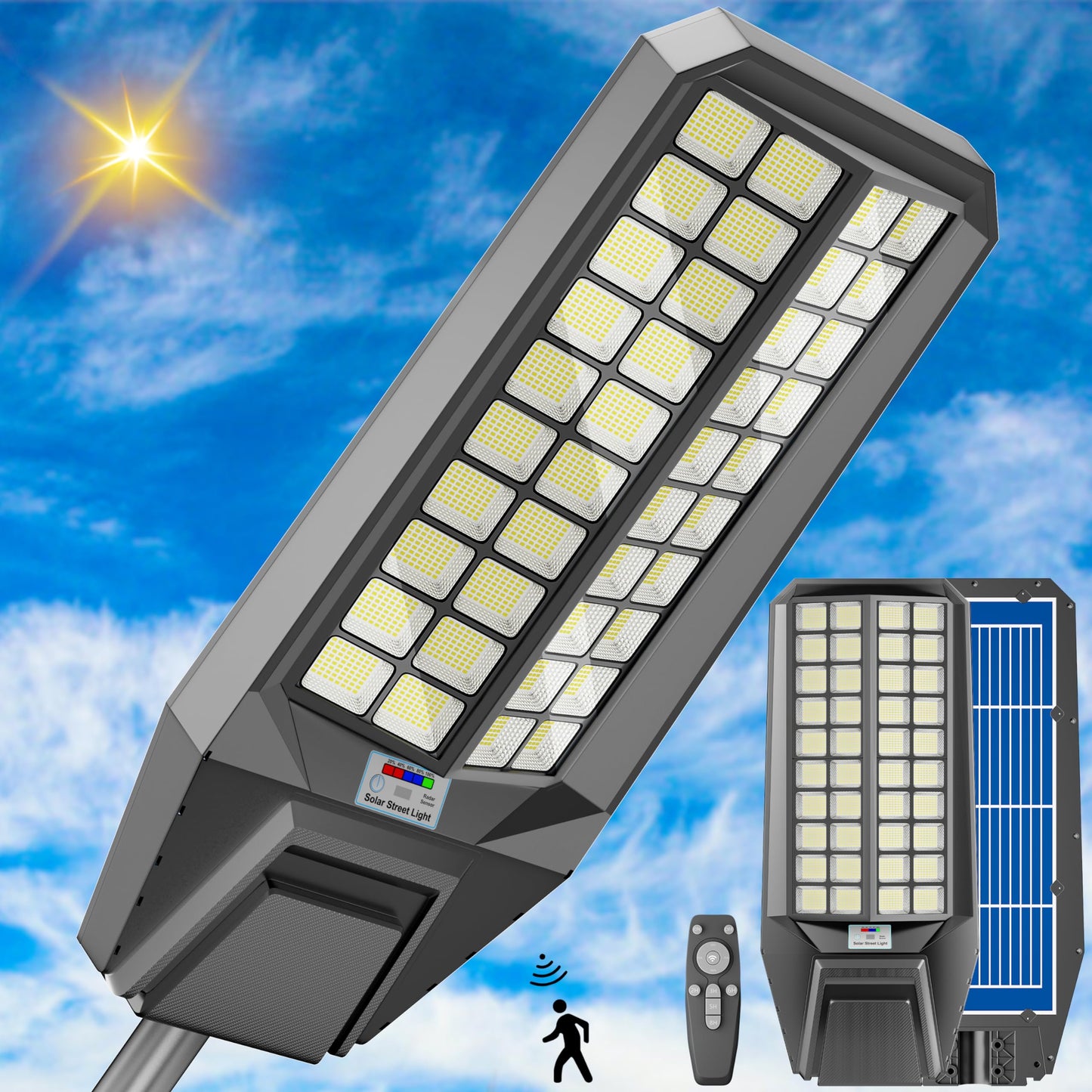 Lighteme 4000 W Solar-Straßenlaterne, 7000 K, 800000 lm, automatisches Ein-/Ausschalten, Dämmerung bis Morgengrauen, IP67, wasserdicht, Bewegungssensor 