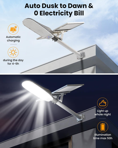 Lighteme 4000 W Solar-Straßenlaternen für den Außenbereich, 400.000 lm, ultrahelle Solar-Parkplatzbeleuchtung von der Dämmerung bis zum Morgengrauen, robuster Split-Typ