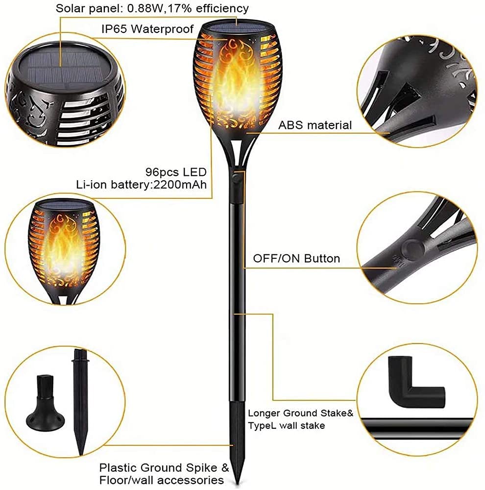 Lighteme Solar-LED-Flammenlampe, Rasenflamme, flackernde Fackel, Feuer im Freien, 96 LED-Leuchten, 4er-Pack