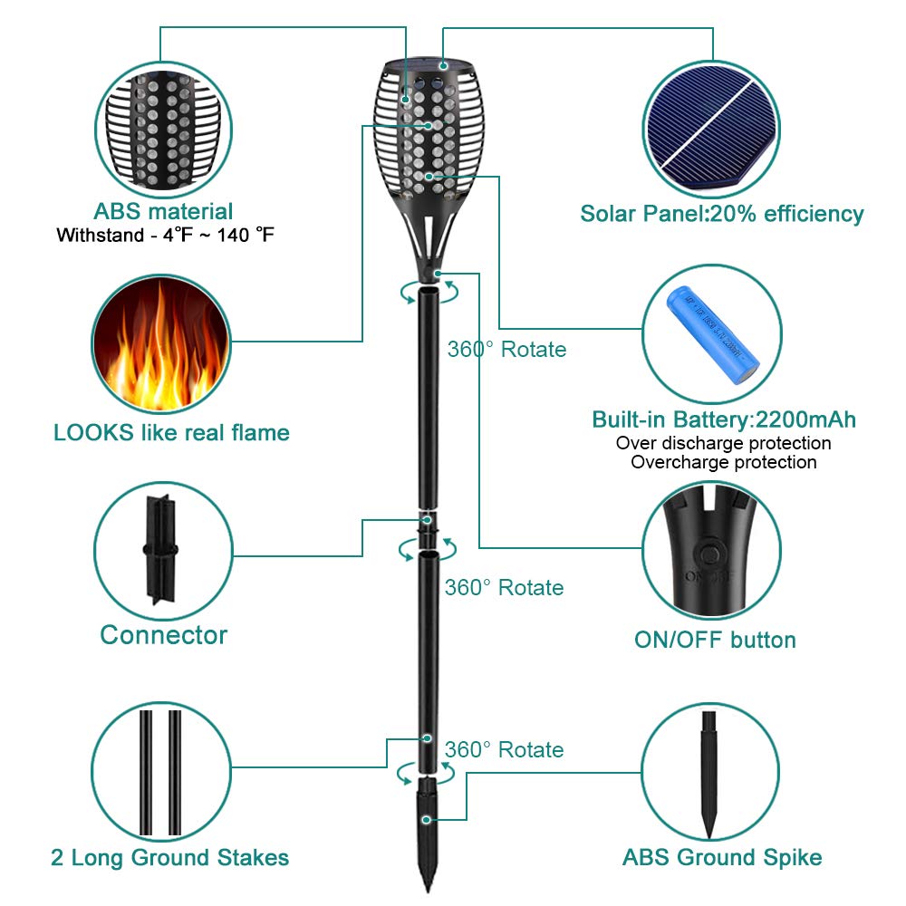 Lot de 4 lampes torches solaires à flammes vacillantes Lighteme pour l'extérieur, du crépuscule à l'aube, marche/arrêt automatique, 43 pouces