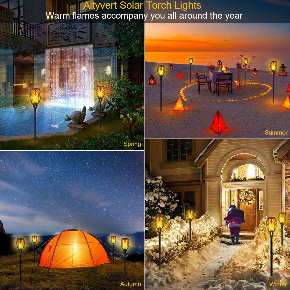 Lot de 4 lampes torches solaires à flammes vacillantes Lighteme pour l'extérieur, du crépuscule à l'aube, marche/arrêt automatique, 43 pouces