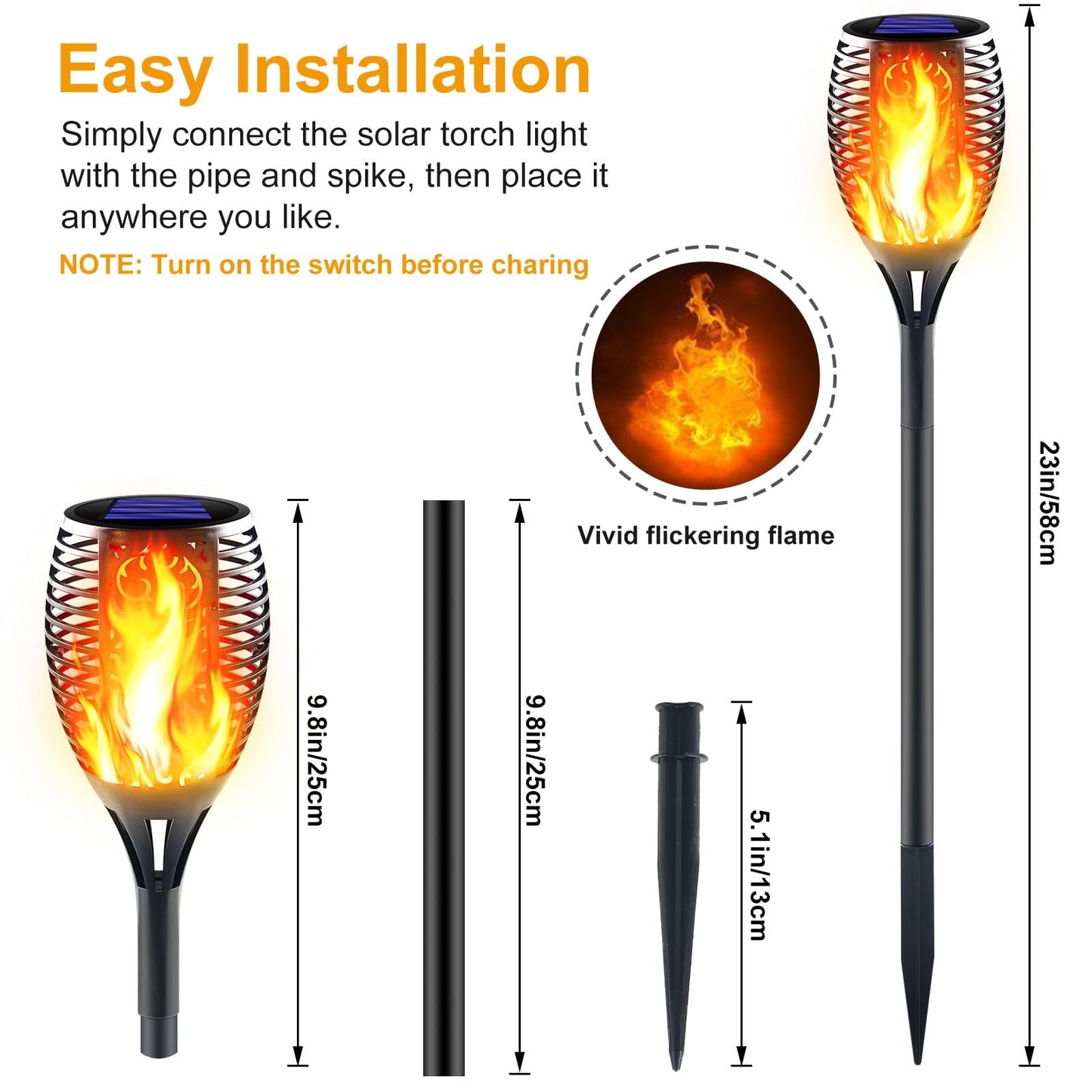 Lighteme Solar-LED-Flammenlampe, Rasenflamme, flackernde Fackel, Feuer im Freien, 96 LED-Leuchten, 4er-Pack