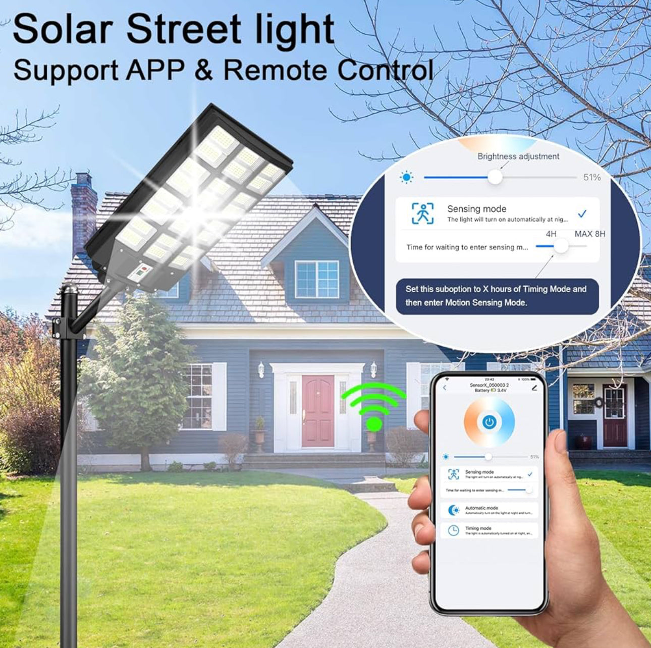 Lighteme 2000 W Solar-Straßenlaterne für den Außenbereich, 250.000 lm, 6500 K, mit mobiler App-Fernbedienung, Dämmerungs- bis Morgengrauen-LED-Bewegungssensor