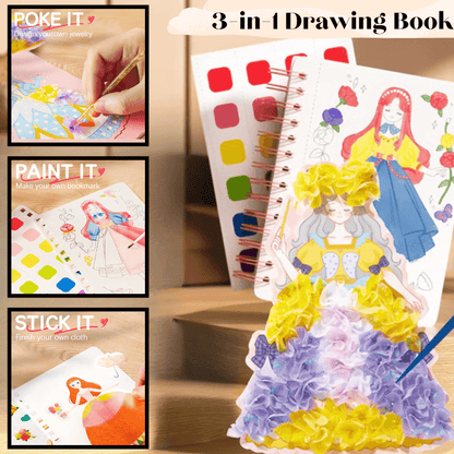 Lighteme Princess Art Adventure 3-in-1-Zeichenbuch mit Wasserfarben, Aufklebern und Stocherkarten 