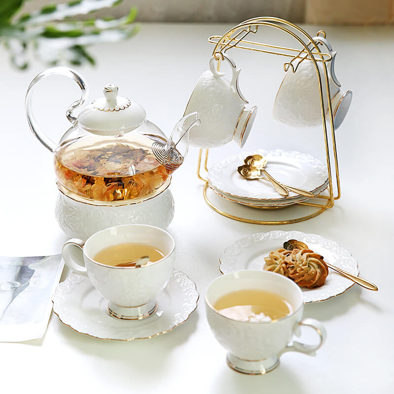 Lighteme Rose Embossed Ceramic Teapot Set