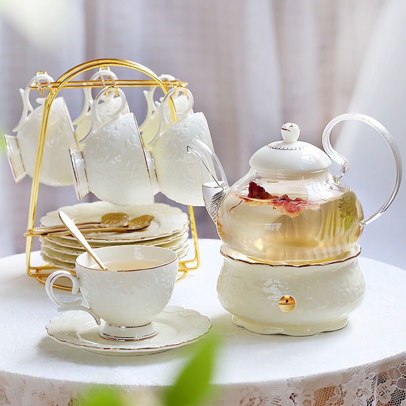 Lighteme Rose Embossed Ceramic Teapot Set