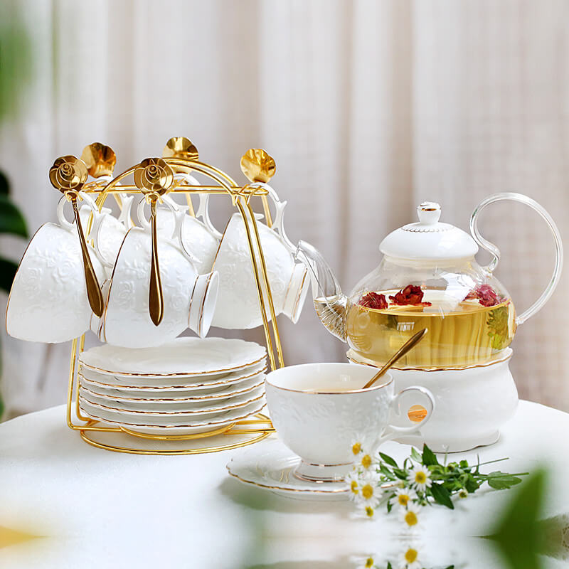 Lighteme Rose Embossed Ceramic Teapot Set