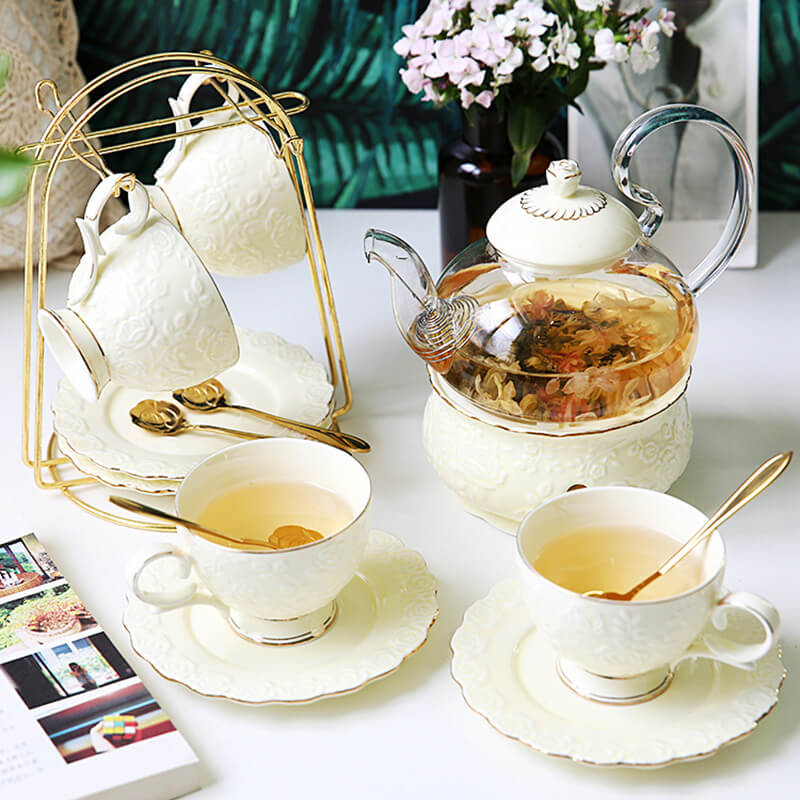 Lighteme Rose Embossed Ceramic Teapot Set