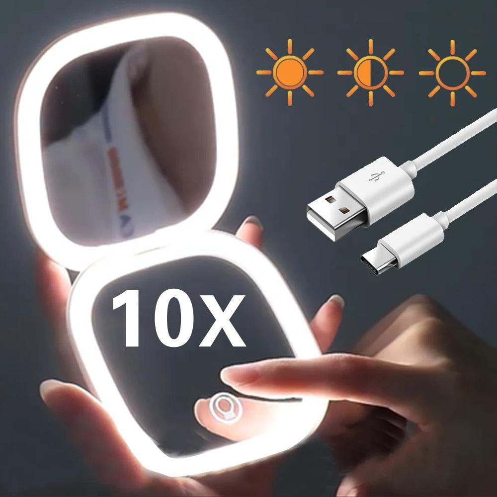 Miroir cosmétique grossissant 10x Mini LED Lighteme avec différents réglages d'éclairage, rechargeable par USB