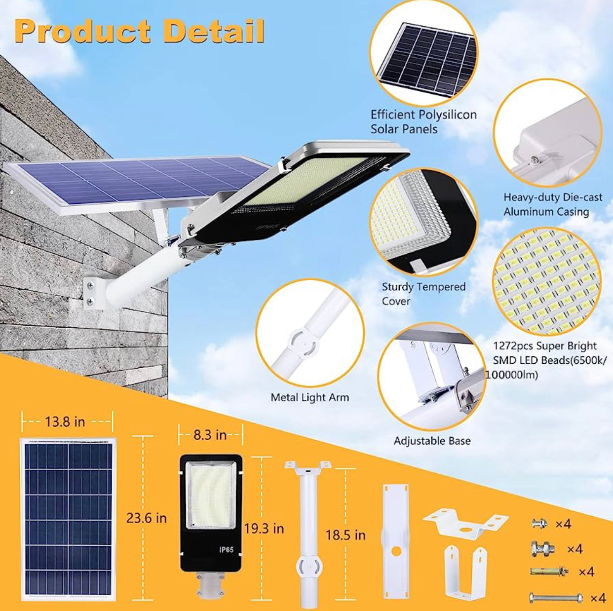 Lighteme 1000 W kommerzielle Solar-Straßenlaterne für den Außenbereich, 100.000 Lumen, Dämmerung bis Morgengrauen, Solar mit Fernbedienung 