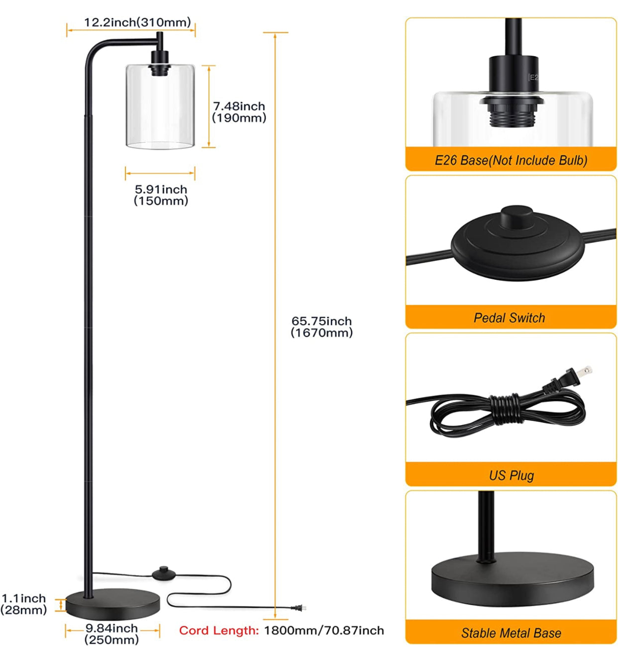 Lampadaire industriel Lighteme, lampes sur pied modernes avec abat-jour suspendu en verre transparent 