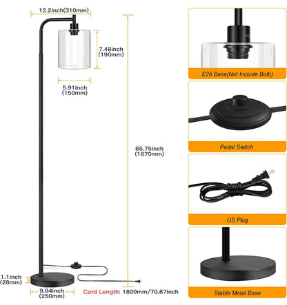 Lampadaire industriel Lighteme, lampes sur pied modernes avec abat-jour suspendu en verre transparent 