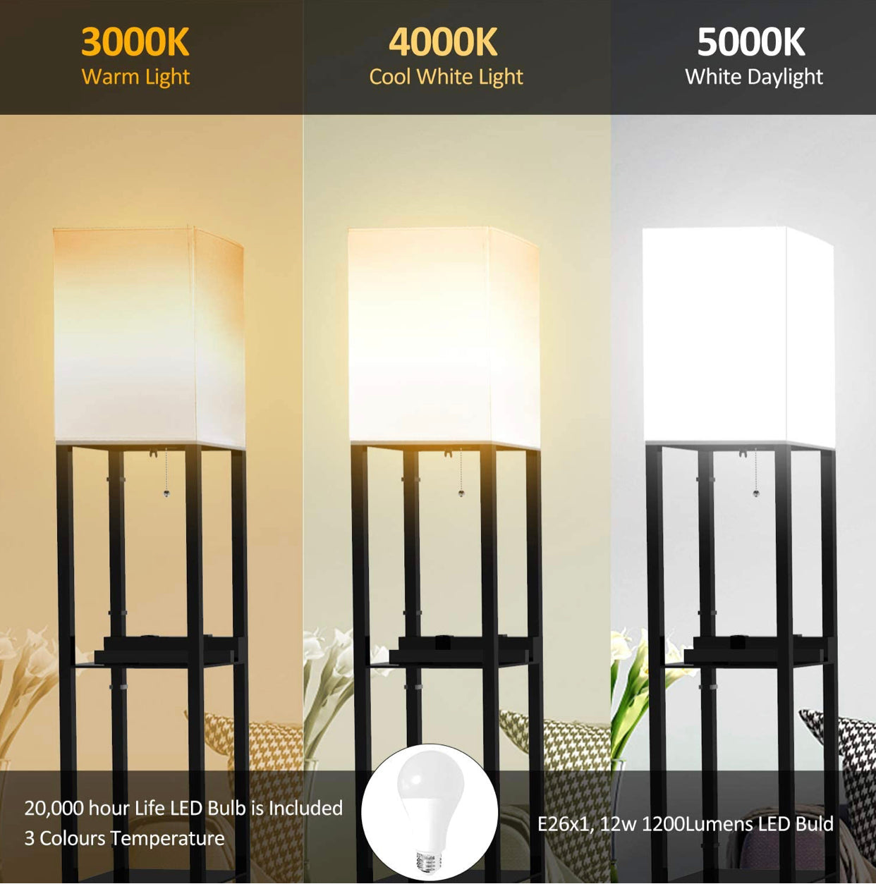 Chargeur de lampadaire Lighteme - Lampadaire d'étagère avec ports de charge USB et prise électrique 