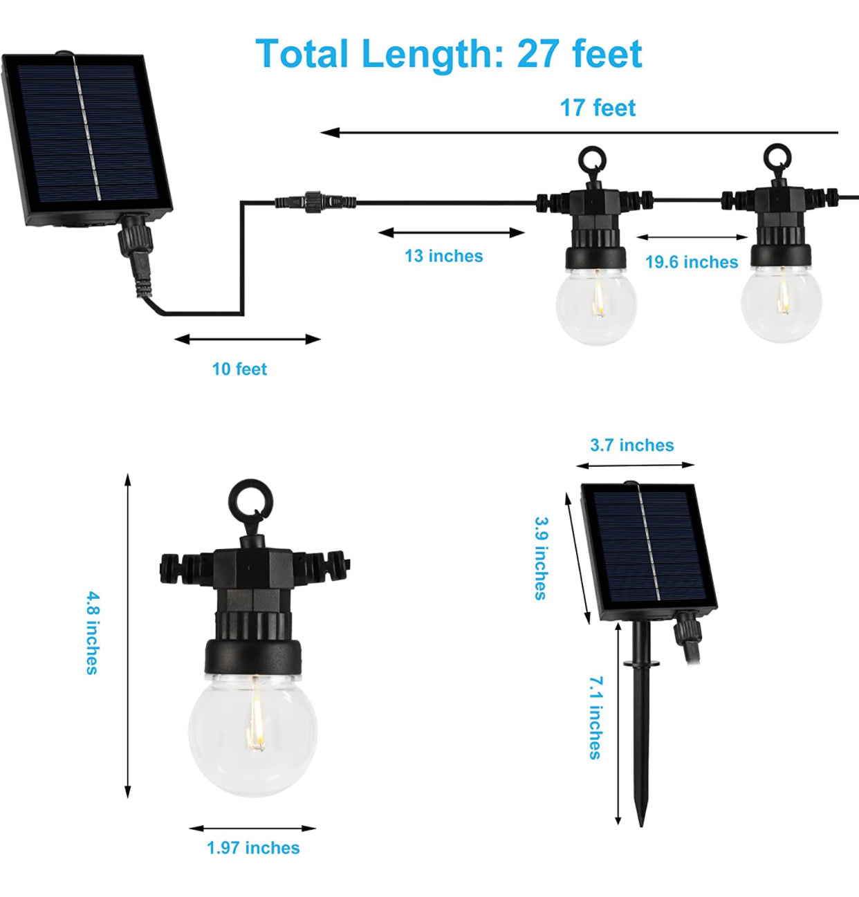 Guirlande lumineuse solaire d'extérieur à DEL Lighteme de 7,2 m (27 pi) – Ampoules globe rétro Edison 1 W étanches – Luminaires de bistrot de 7,2 m