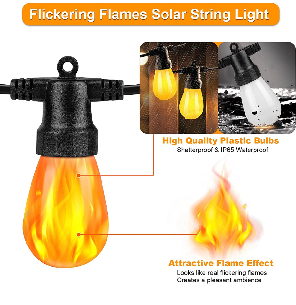 Lighteme 27 Fuß Solar-Flacker-LED-Birnen - Solarpanel-betriebene Lichterkette zum Aufhängen - 12 Birnen
