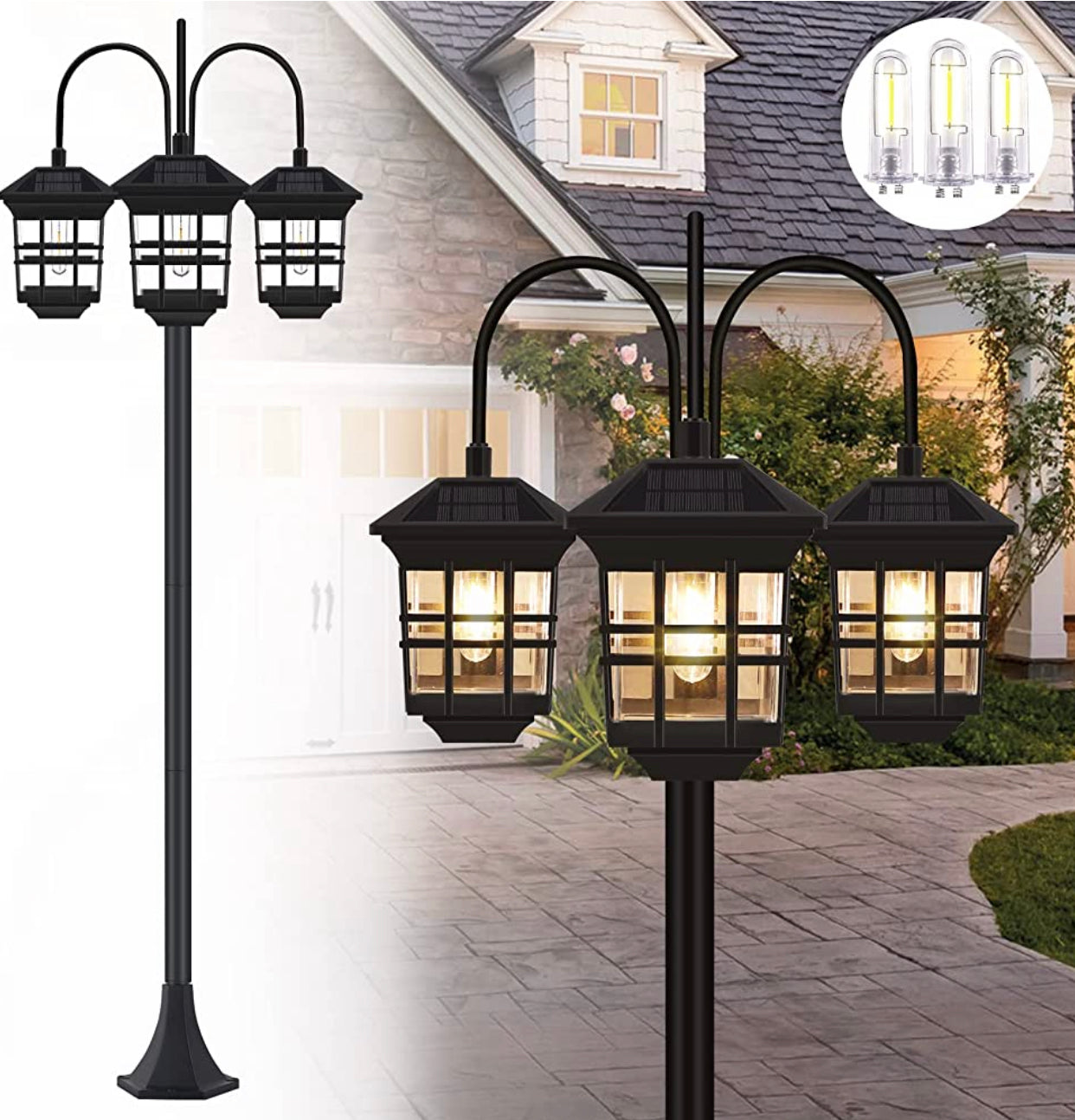 Lampadaire d'extérieur Lighteme 74,8 pouces, à énergie solaire, 3 têtes, étanche, 60 lumens 