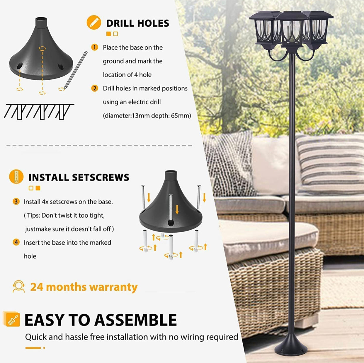 Lampadaire d'extérieur Lighteme en aluminium 74,8 pouces, lampadaire étanche à 3 têtes, 60 lumens 