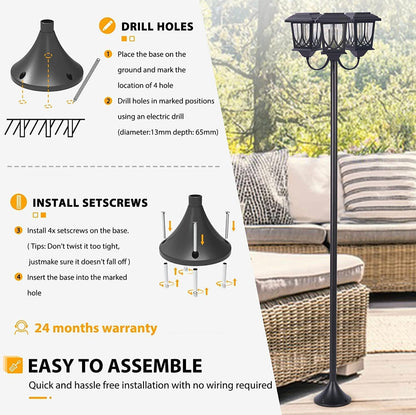 Lampadaire d'extérieur Lighteme en aluminium 74,8 pouces, lampadaire étanche à 3 têtes, 60 lumens 
