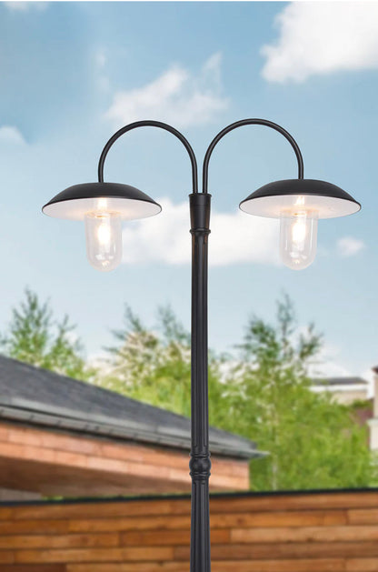 Lampadaire solaire d'extérieur Lighteme à double tête, du crépuscule à l'aube, ampoules incluses, noir (tête et poteau)