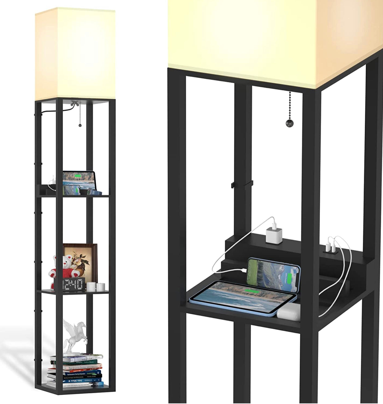 Chargeur de lampadaire Lighteme - Lampadaire d'étagère avec ports de charge USB et prise électrique 