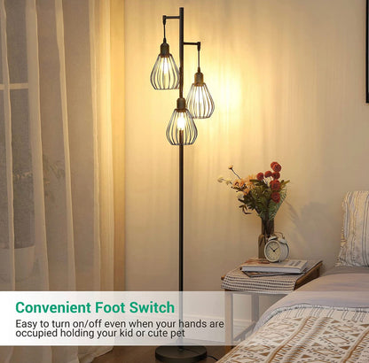 Lighteme Floor Lamp Matches Industrial, Farmhouse & Rustic Living Rooms – Standing Tree Lamp with 3 Elegant Cage Heads & Edison LED Bulbs