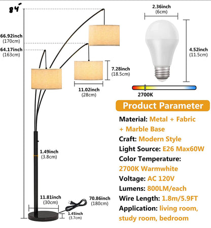 Lighteme Moderne Bogen-Stehlampe mit Marmorsockel – 3 Lichter, die von hinten über der Couch hängen – Mehrflammige, bogenförmige Baumlampe – Ölgeriebene Bronze