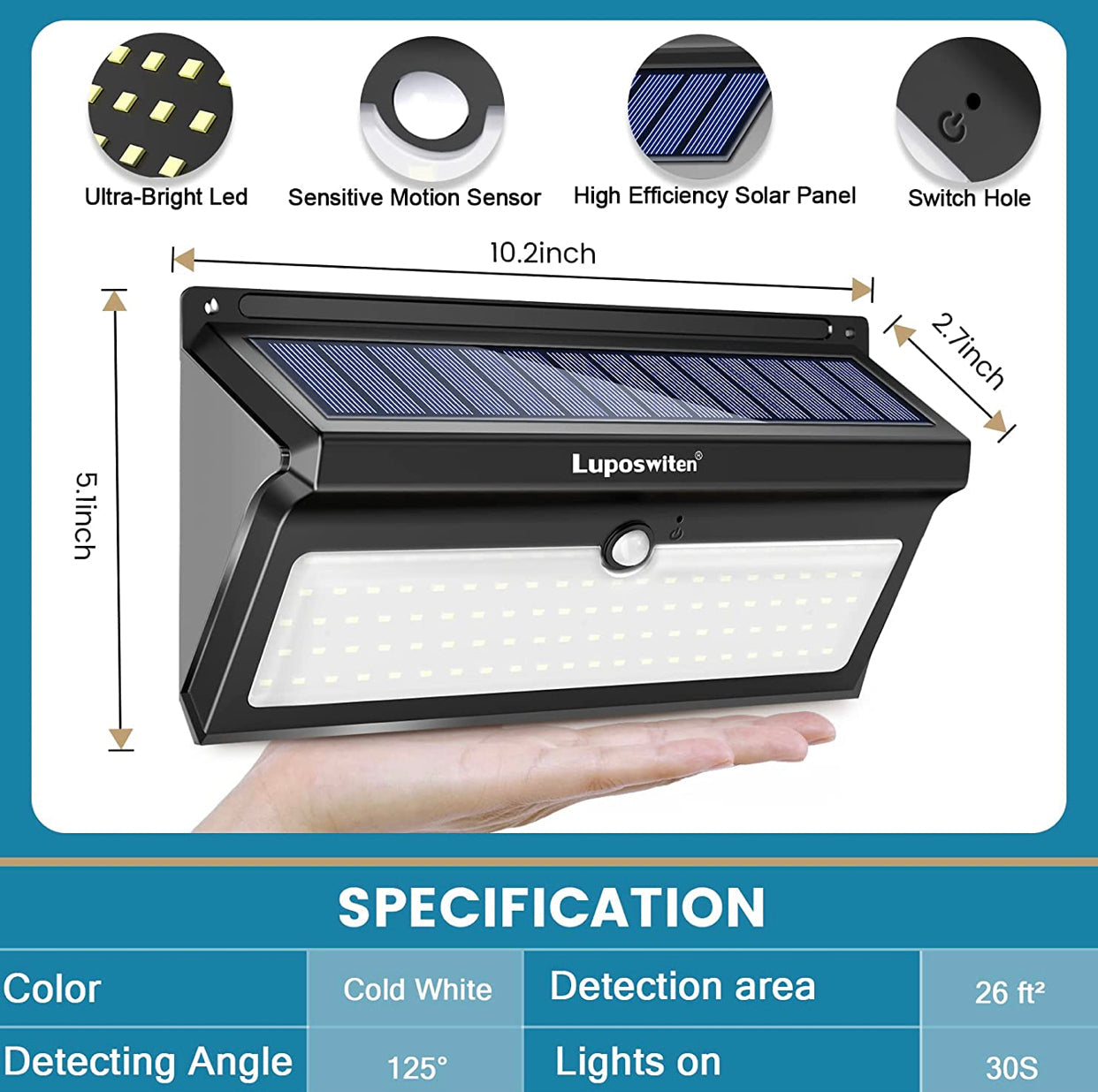 Lighteme Solar-Außenleuchten, 100 LEDs, Bewegungsmelder, Solar-Sicherheitsleuchten, 4er-Pack 