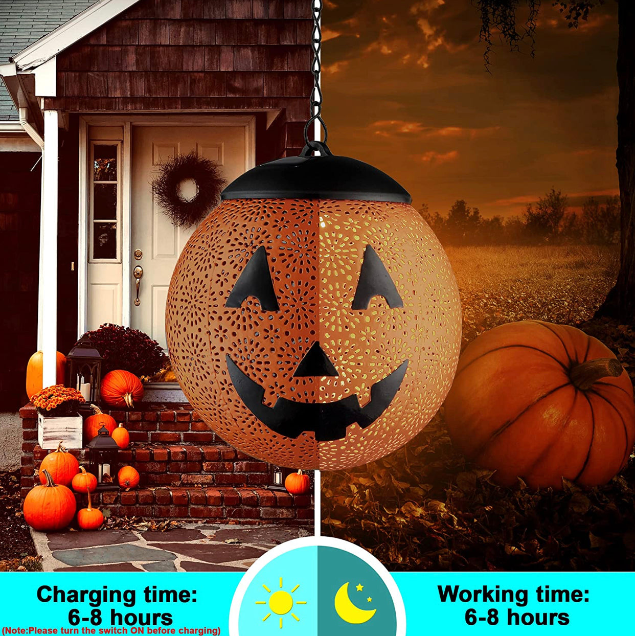 Lanterne solaire suspendue d'extérieur Lighteme pour Halloween, lanterne décorative de jardin en métal, LED solaire, étanche, ronde