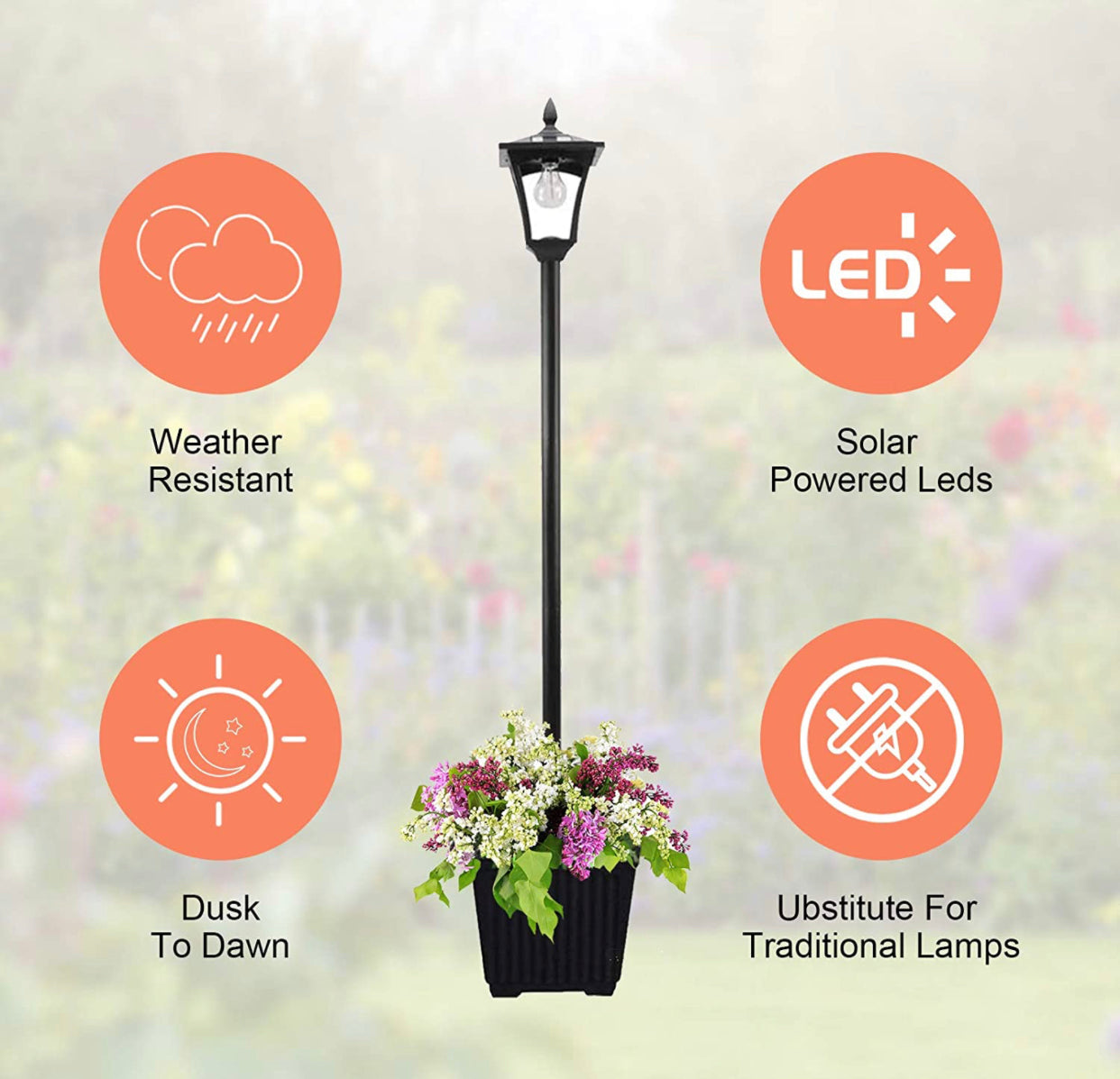 Lampadaire solaire d'extérieur Lighteme de 64 pouces avec jardinière, 70 lumens, à énergie solaire, 4 hauteurs réglables - Noir