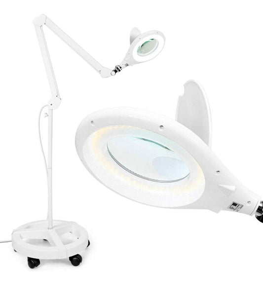 Lighteme Vergrößerungs-Stehlampe mit 5-Rollen-Rollfuß, 2,25-fache Lupe mit LED-Licht, 2-in-1
