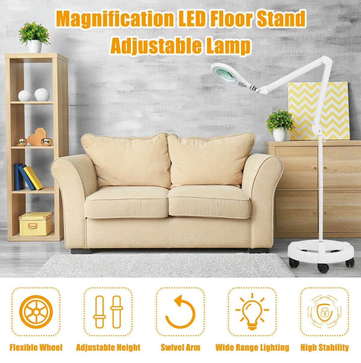 Lighteme Magnifying Floor Lamp with 5 Wheels Rolling Base, 2.25X Magnifier with LED Light, 2-in-1