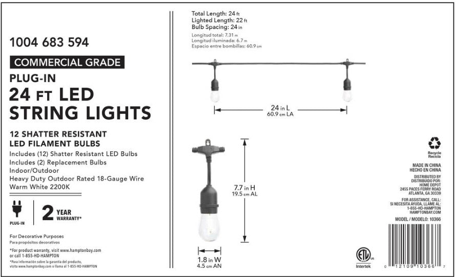 Lighteme 24 Fuß wasserdichte LED-Lichterkette, 12 Glühbirnen, Plug-In 