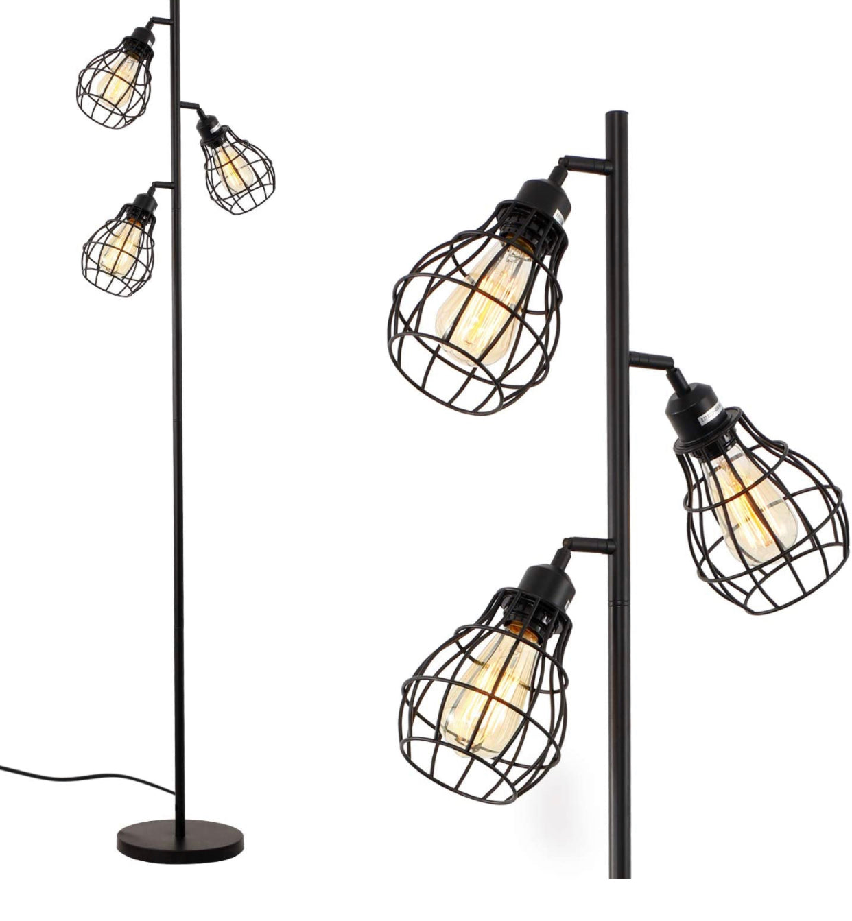 Lighteme Floor Lamp Matches Industrial, Farmhouse & Rustic Living Rooms – Standing Tree Lamp with 3 Elegant Cage Heads & Edison LED Bulbs