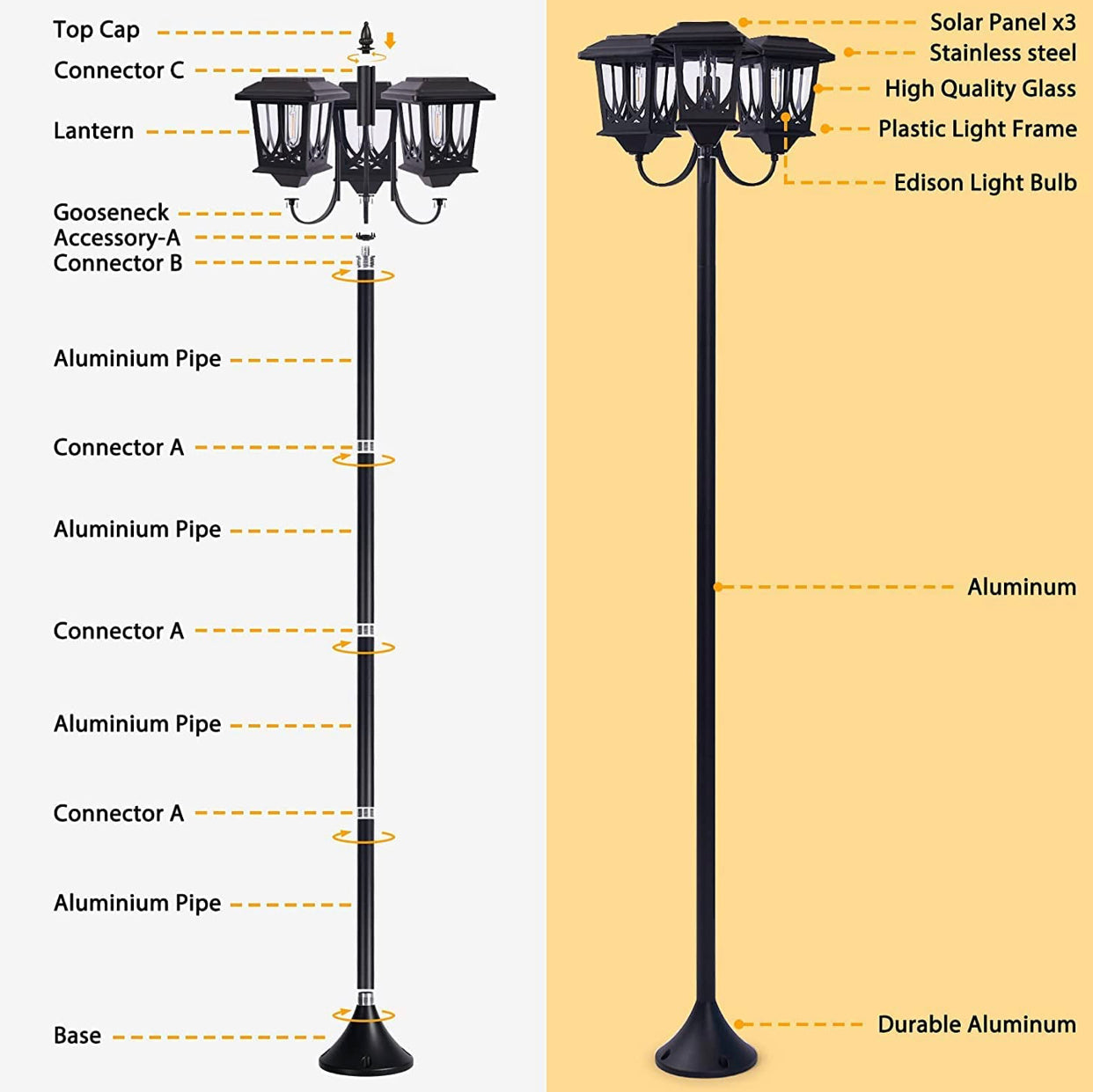 Lampadaire d'extérieur Lighteme en aluminium 74,8 pouces, lampadaire étanche à 3 têtes, 60 lumens 