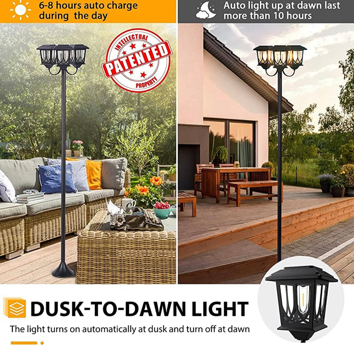 Lampadaire d'extérieur Lighteme en aluminium 74,8 pouces, lampadaire étanche à 3 têtes, 60 lumens 