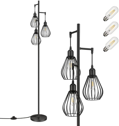 Lighteme Floor Lamp Matches Industrial, Farmhouse & Rustic Living Rooms – Standing Tree Lamp with 3 Elegant Cage Heads & Edison LED Bulbs