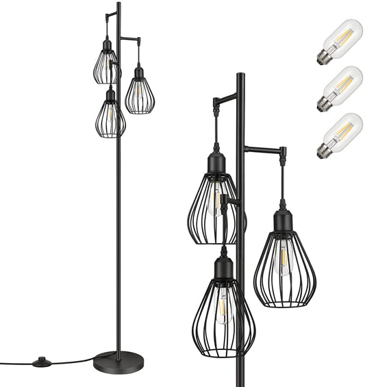Lighteme Stehlampe passt zu industriellen, bäuerlichen und rustikalen Wohnzimmern – Stehende Baumlampe mit 3 eleganten Käfigköpfen und Edison-LED-Glühbirnen
