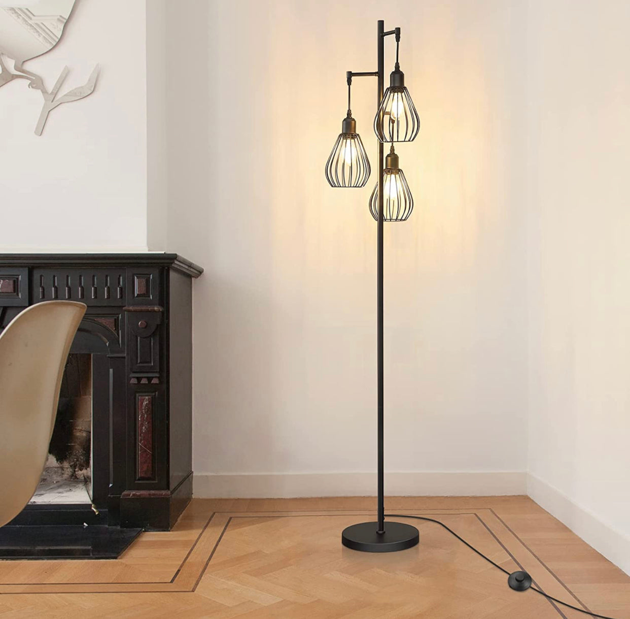Lighteme Floor Lamp Matches Industrial, Farmhouse & Rustic Living Rooms – Standing Tree Lamp with 3 Elegant Cage Heads & Edison LED Bulbs