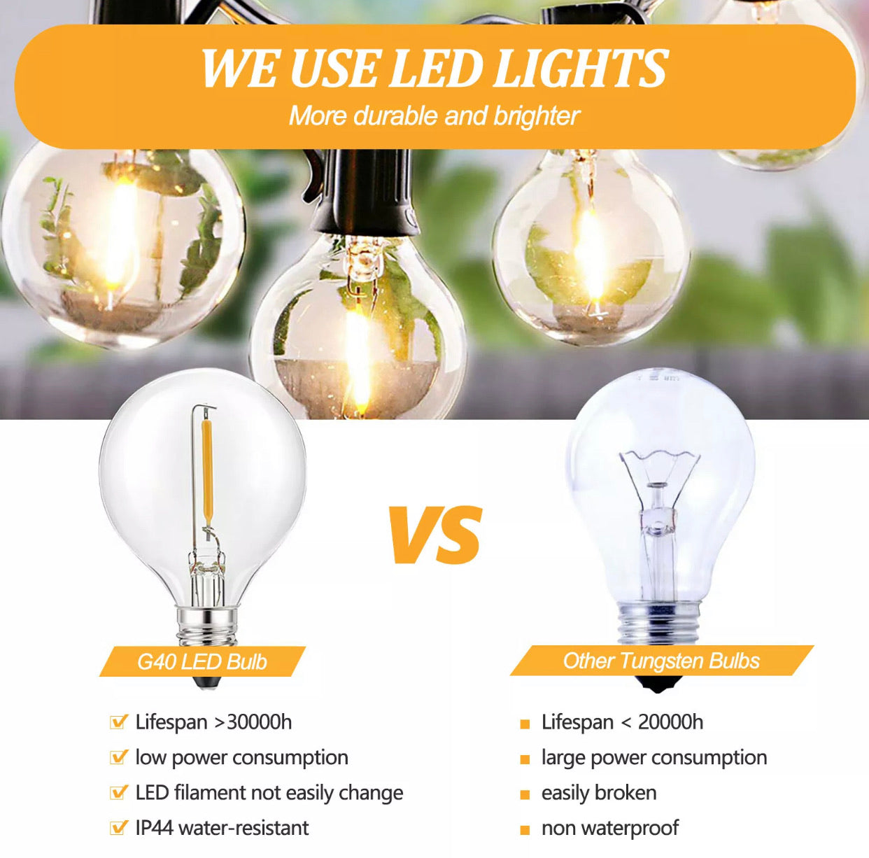 Guirlande lumineuse solaire d'extérieur à LED Lighteme Pro 27 pi – Étanche, ampoules à filament rétro Edison G40 – Blanc chaud 