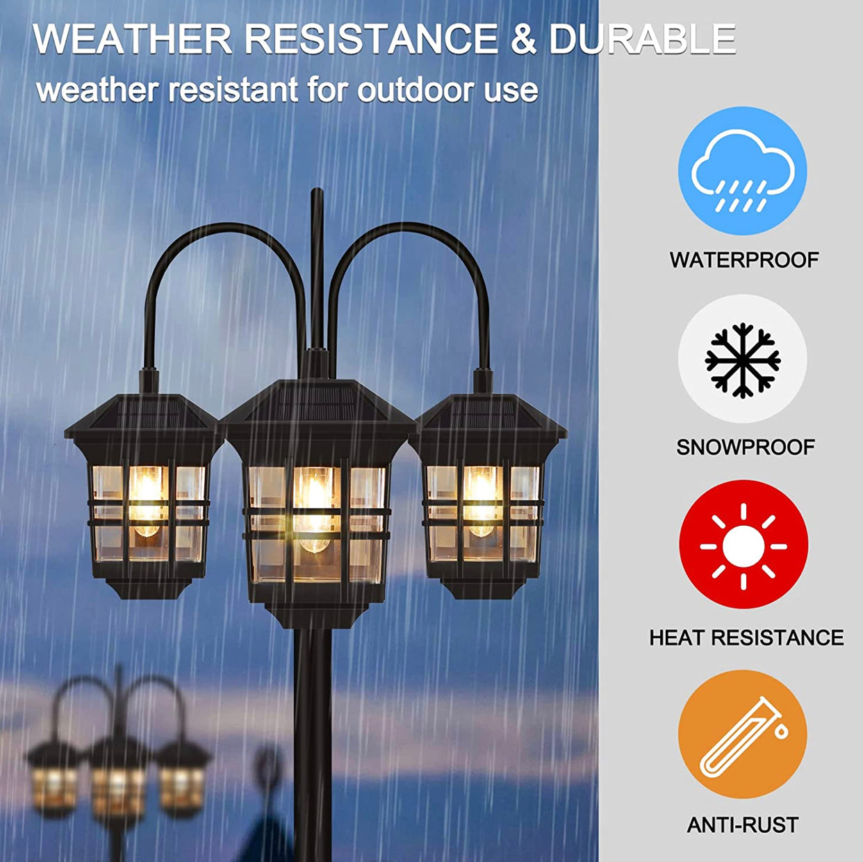 Lampadaire d'extérieur Lighteme 74,8 pouces, à énergie solaire, 3 têtes, étanche, 60 lumens 
