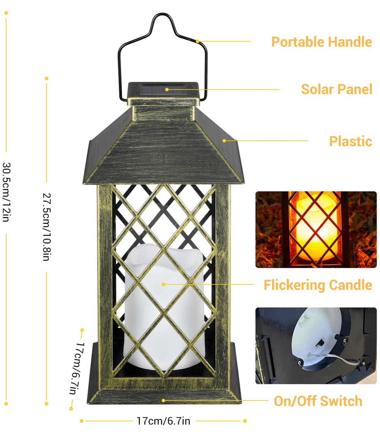 Lanternes solaires d'extérieur Lighteme, lot de 2, étanches, à LED, alimentées par l'énergie solaire avec poignée, sans flamme vacillante