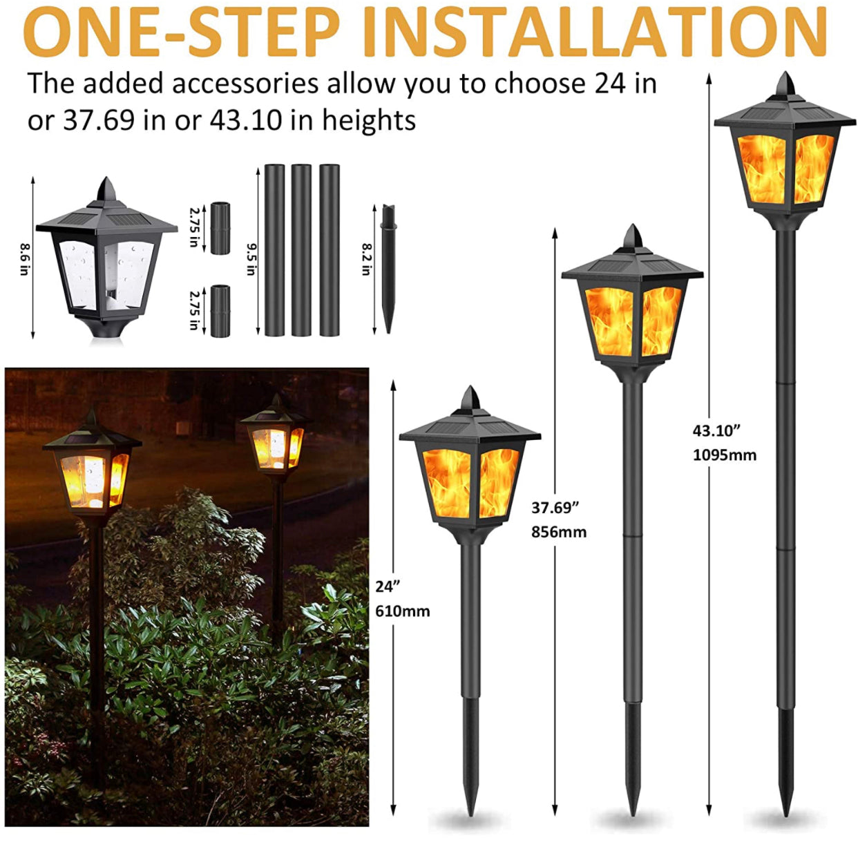 Lampes solaires de jardin Lighteme - Torches décoratives pour patio extérieur, 43 po, lampes de clôture à flammes - Lot de 2 
