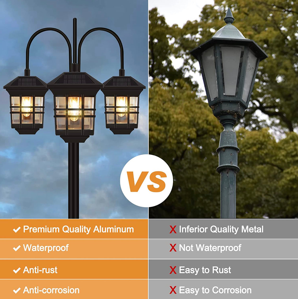 Lampadaire d'extérieur Lighteme 74,8 pouces, à énergie solaire, 3 têtes, étanche, 60 lumens 