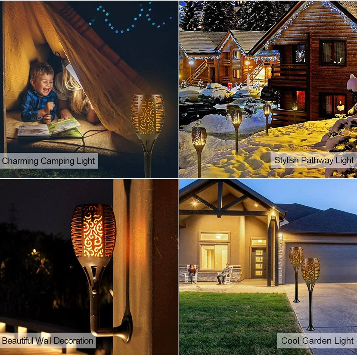 Lighteme Solar-LED-Flammenlampe, Rasenflamme, flackernde Fackel, Feuer im Freien, 96 LED-Leuchten, 4er-Pack