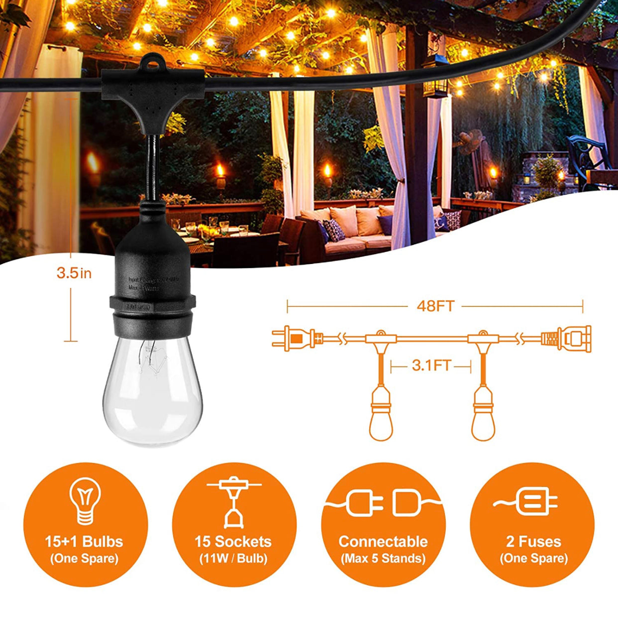 Lighteme 24Ft Plug-In LED-Lichterkette für den Außenbereich, wasserdicht, zum Aufhängen, dimmbare 2W Vintage-Edison-Glühbirnen