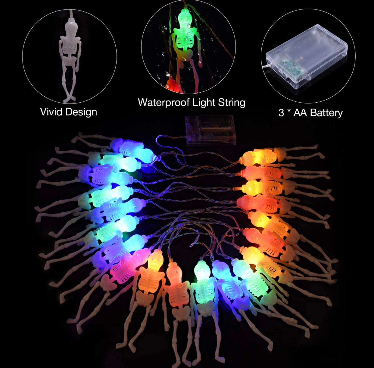 Guirlande lumineuse solaire Lighteme de 3 m, motif squelette, pour Halloween, 20 LED, 2 modes d'éclairage