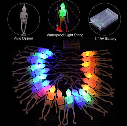 Guirlande lumineuse solaire Lighteme de 3 m, motif squelette, pour Halloween, 20 LED, 2 modes d'éclairage