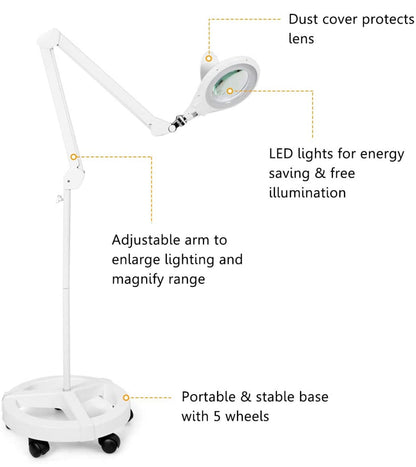 Lighteme Magnifying Floor Lamp with 5 Wheels Rolling Base, 2.25X Magnifier with LED Light, 2-in-1